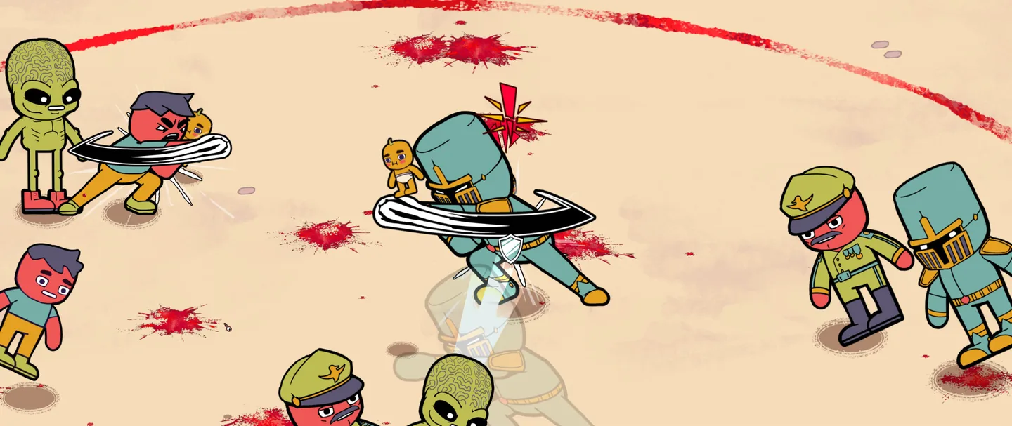Several Dudes auto-battle enemies across a wide arena.