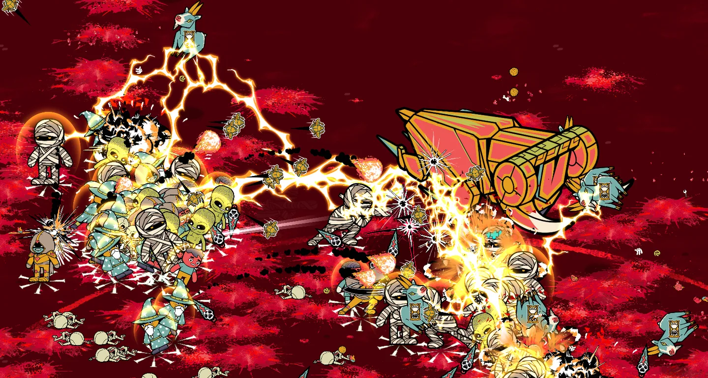The G.O.A.T. charges through a crowded team of Dudes during a boss fight.